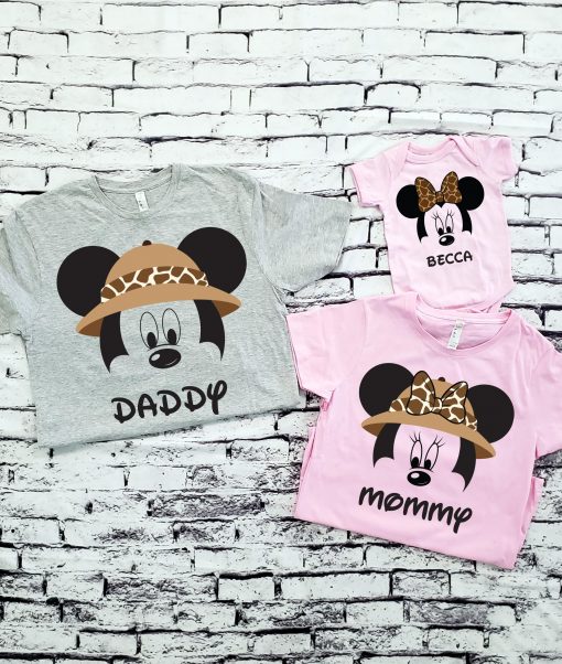 Safari Hat Mickey Head and Safari Minnie Hat/Bow Head Personalized Disney Animal Kingdom Family Vacation Shirts